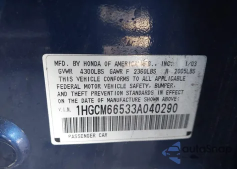 2003 Honda Accord 3.0 Ex из США, поврежденный, VIN 1HGCM66533A040290